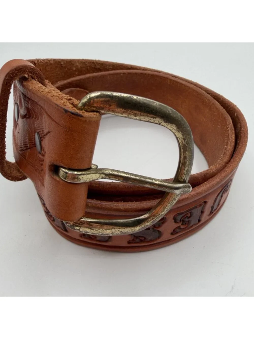 Vintage Brown Western Style Tooled Leather Name Belt JESSE Size 32